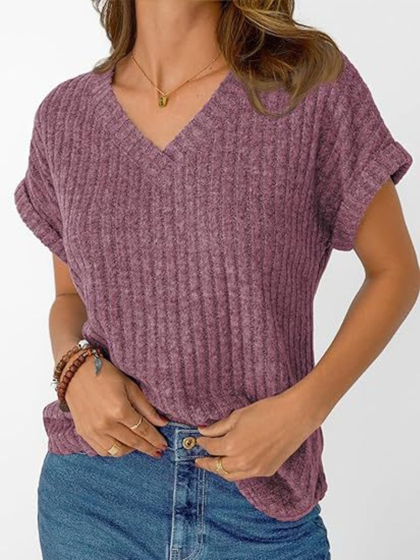 Ribbed Knit V-Neck Relaxed Fit T-Shirt