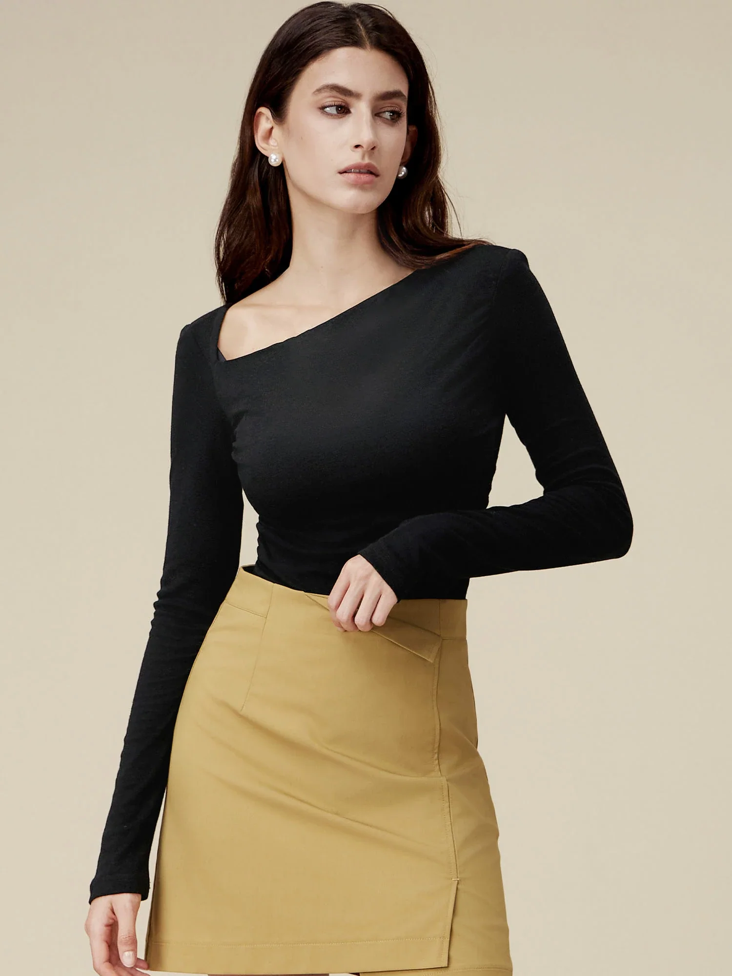 Irregular Neck Slanted Shoulder T-Shirt