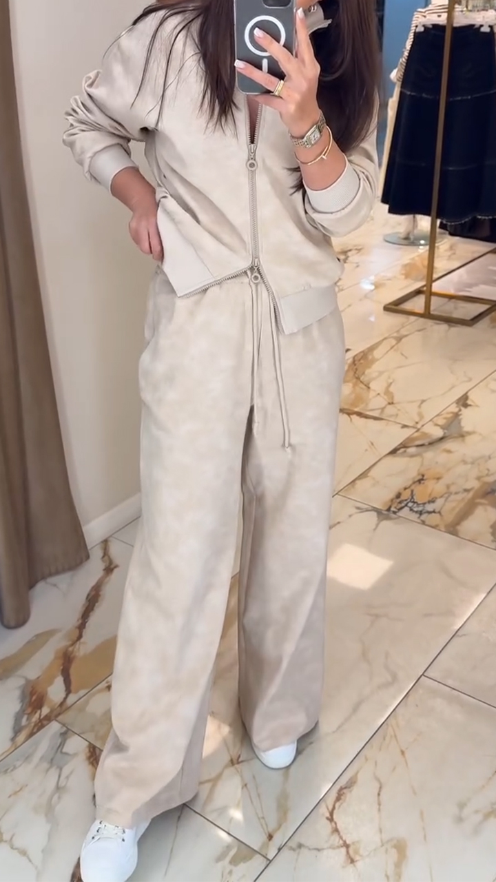 Women Lapel Zipper Top + Drawstring Pants Casual Set