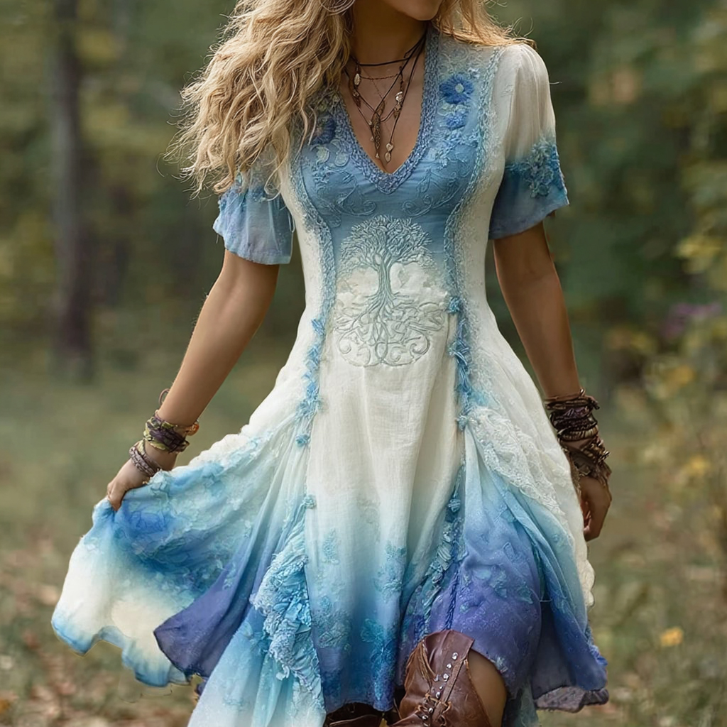 Women's Vintage Viking Tree Of Life Gradient Midi Dress