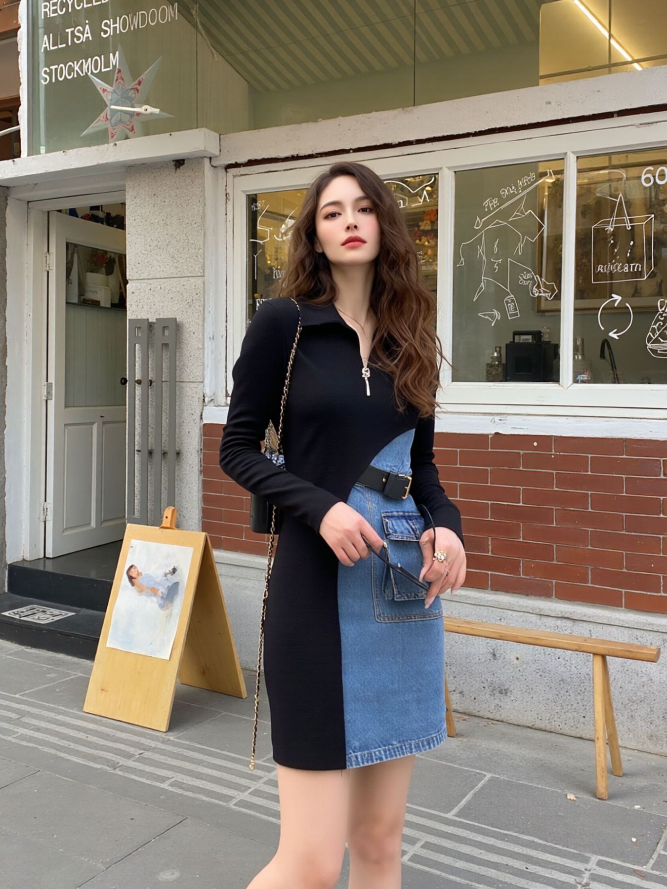 Full Size Color Block Denim Patchwork Mini Dress Plus Size