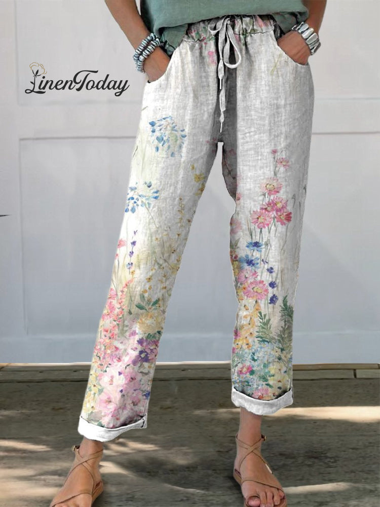 Women's Vintage Botanical Floral Printed Cotton And Linen Casual Pants