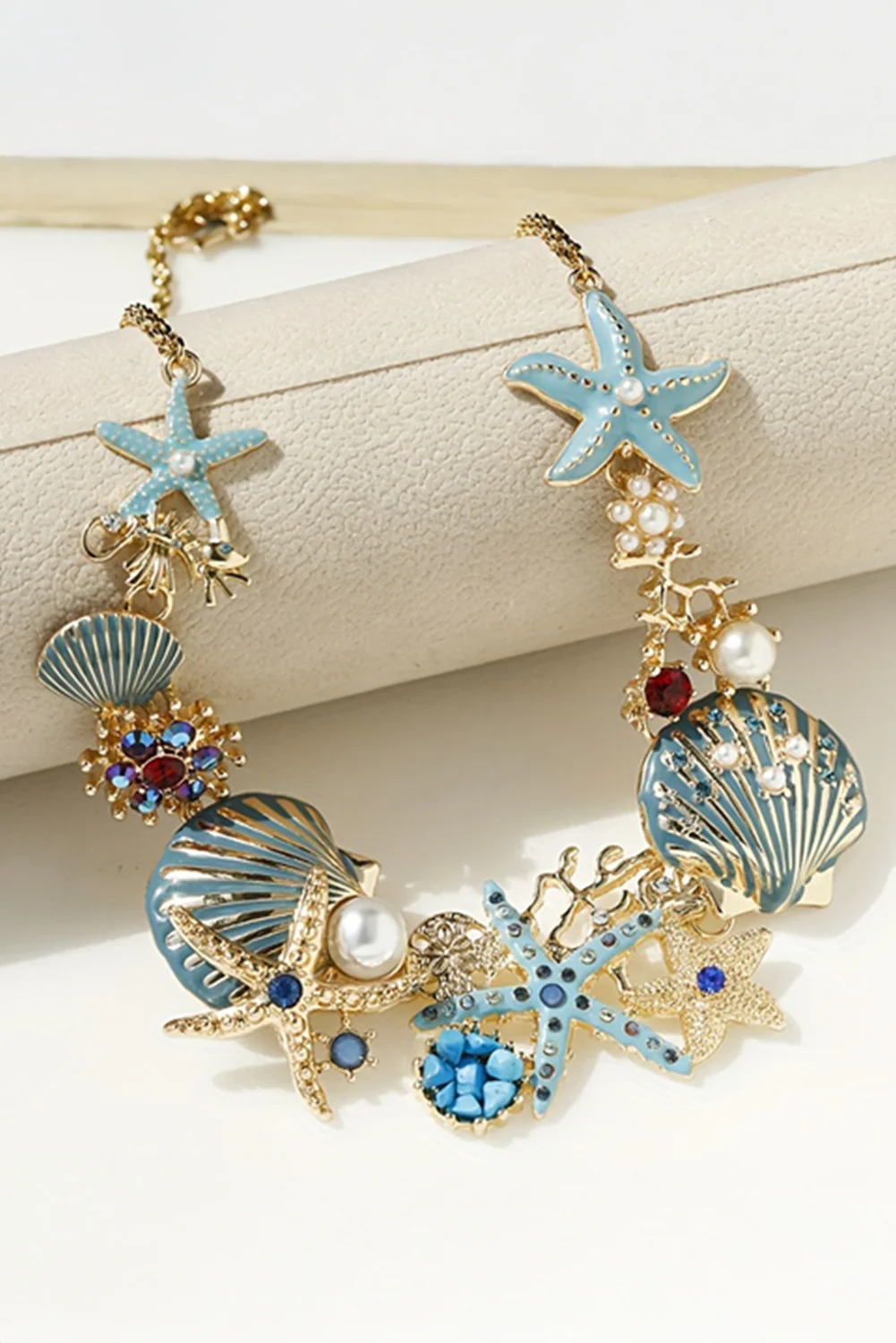 Light Blue Seashell Starfish Pearl Decor Alloy Adjustable Necklace