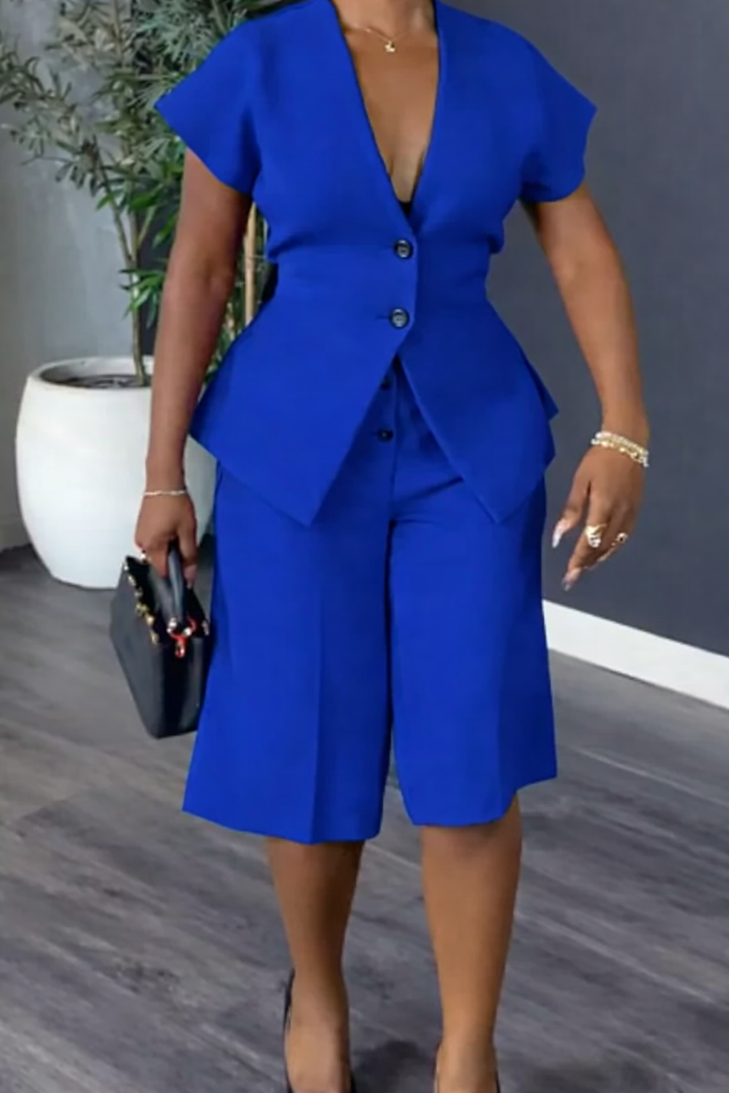 Womens V-neck Jacket+ Pants Casual Set with Temperament