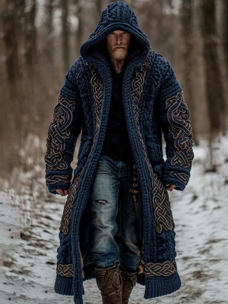 Men's Viking Celtic Knot Art Pocket Mid-length Cardigan Sweater