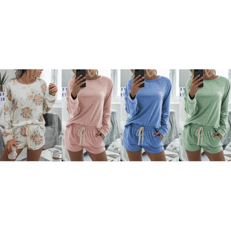 Long Sleeve Round Neck Top & Pocket Shorts Pajamas Set