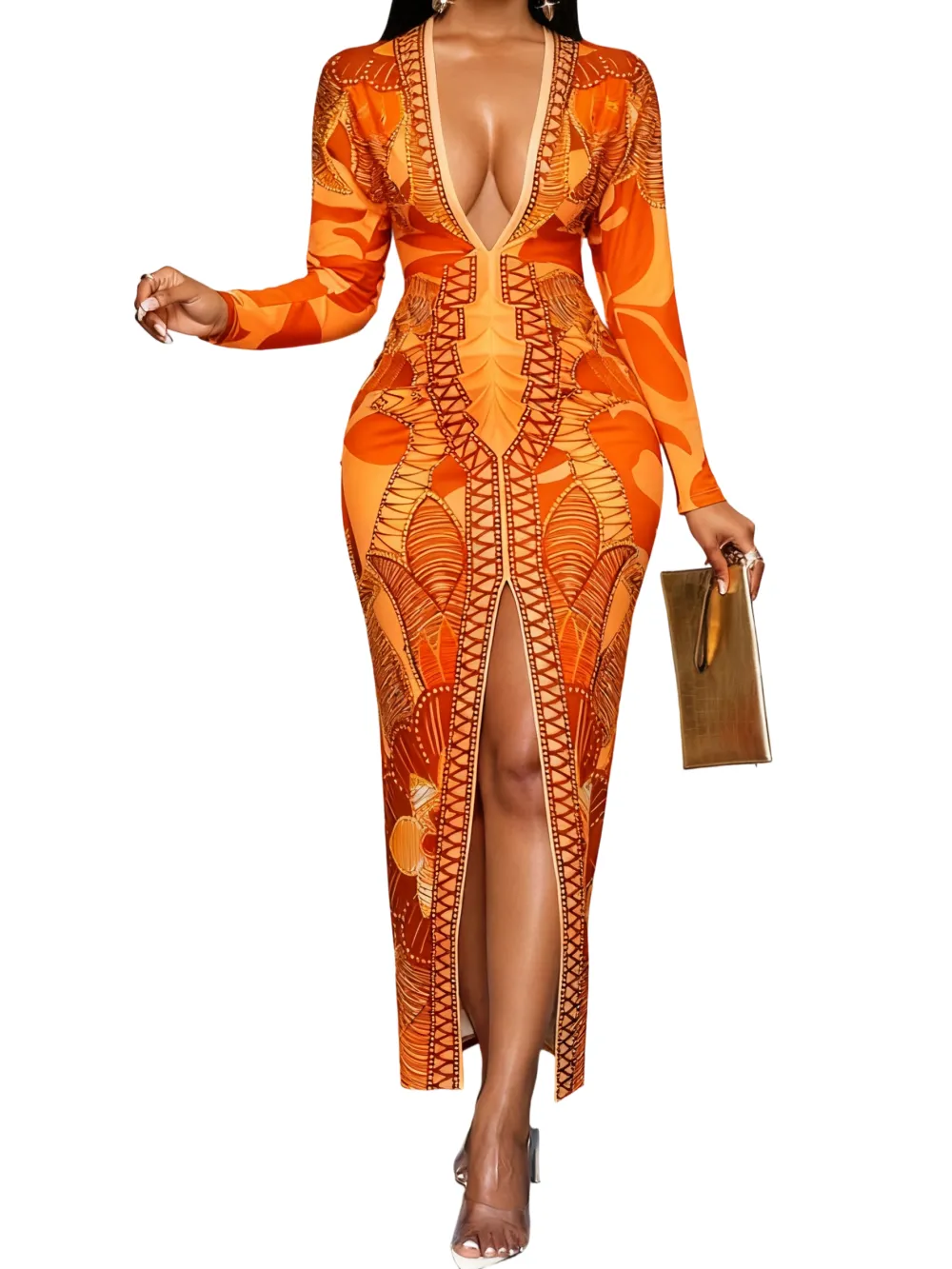 Women's All Over Print Deep V Neck Dress