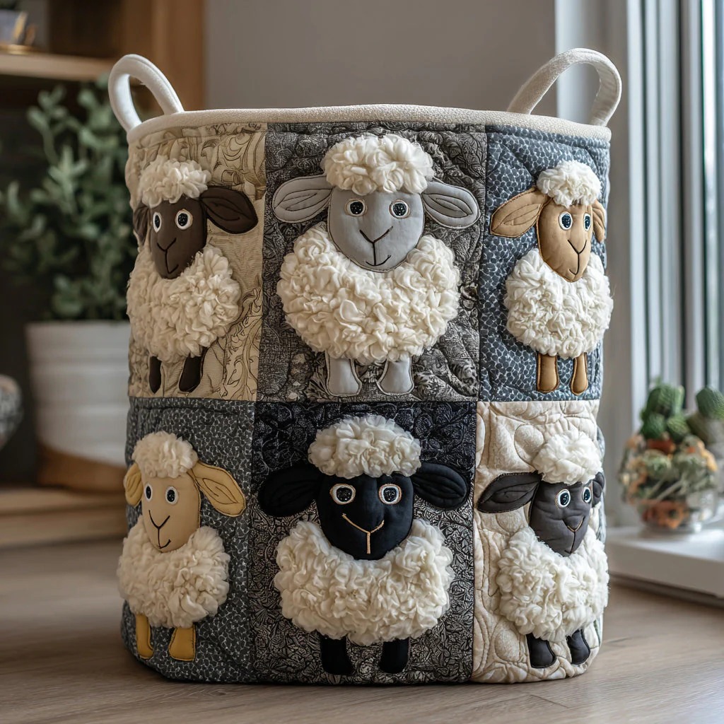 Sunny Sheep Quilted Laundry Basket