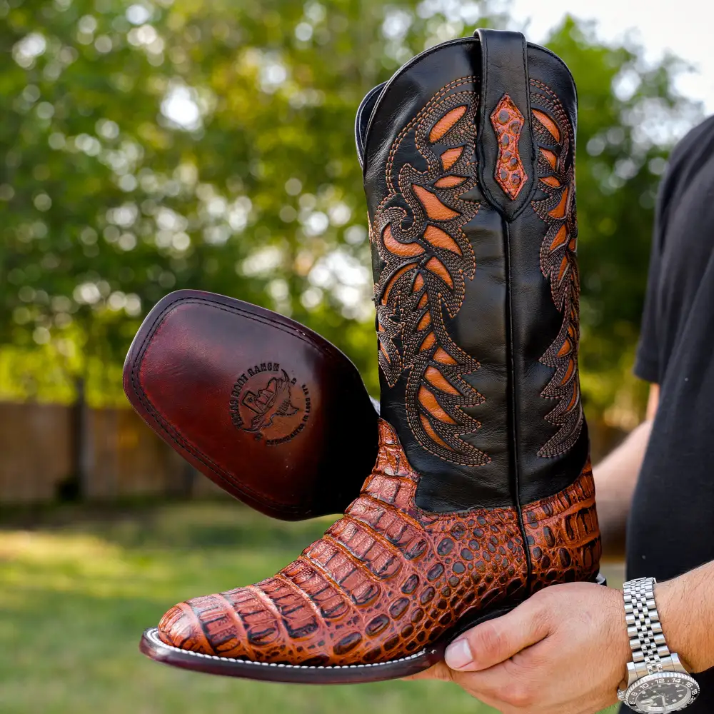 Cognac Caiman Hornback Leather Boots - Square Toe