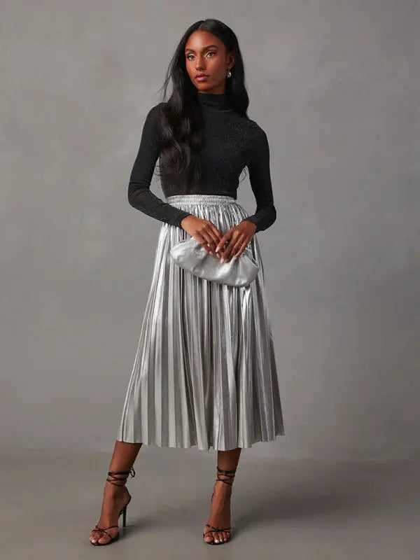 Shiny Pleated High-Waisted A-Line Midi Skirt