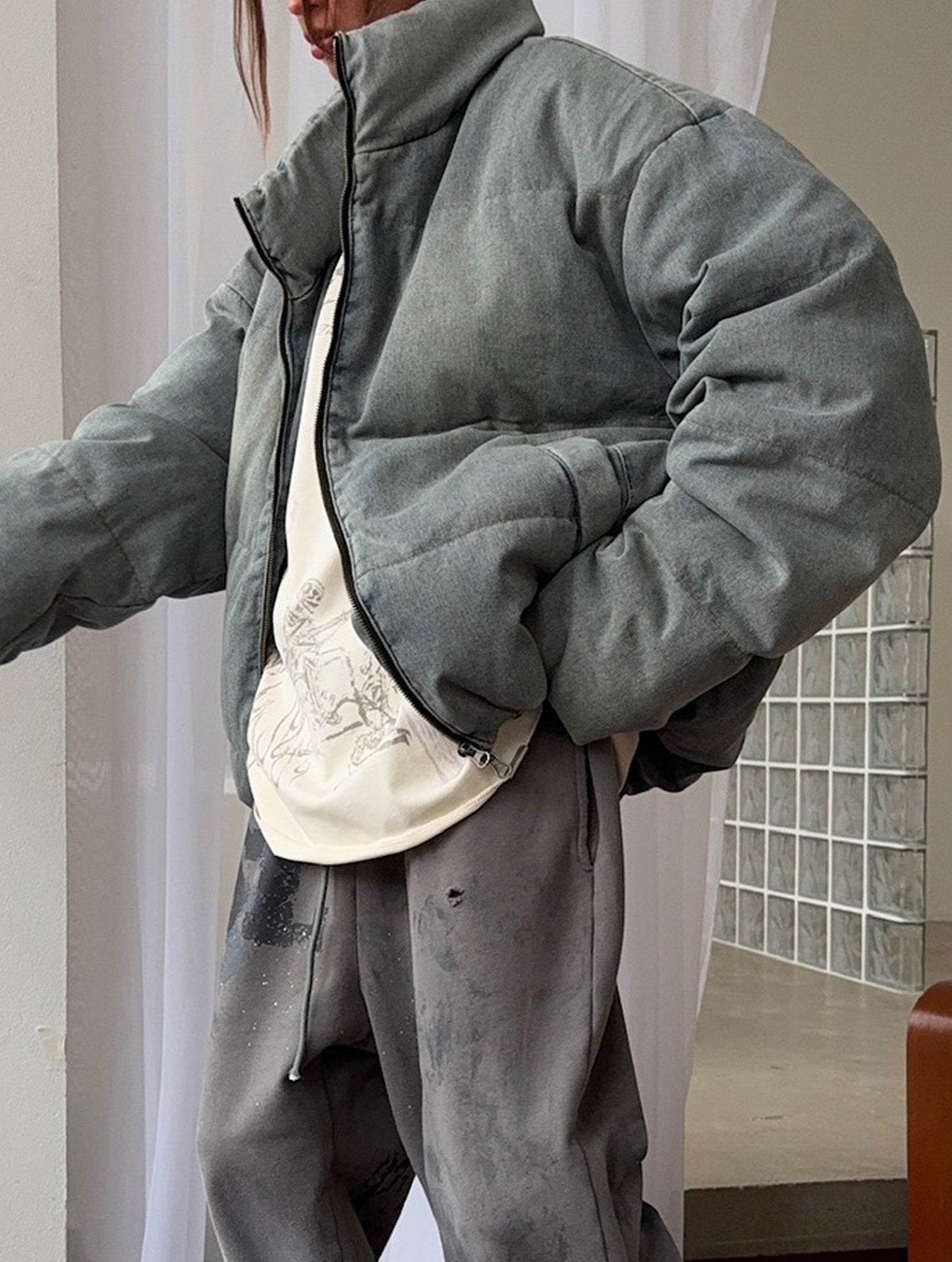 Retro-style warm stand-up collar thick cotton coat