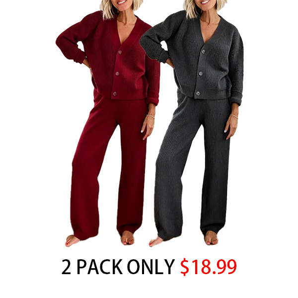 Last day discount- 50% OFF Solid Textured Knit Button Cardigan & Pants Set