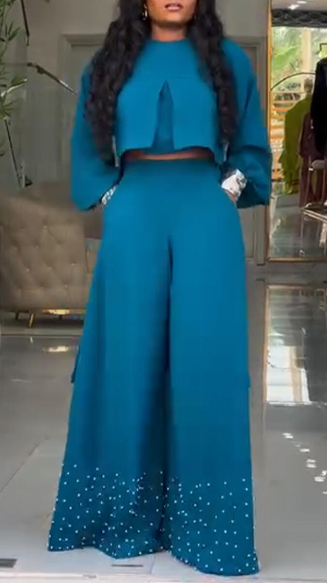 Women Round Neck Patchwork Top+ Pants Casual Set with Temperament