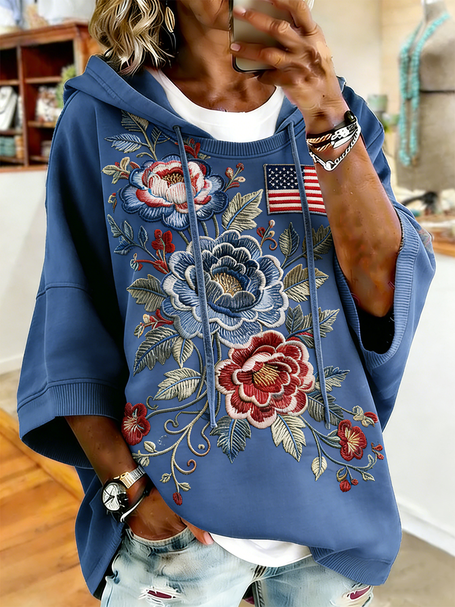 Patriotic USA Flag Heavy Embroidery Peony Rose Oversized Hoodie
