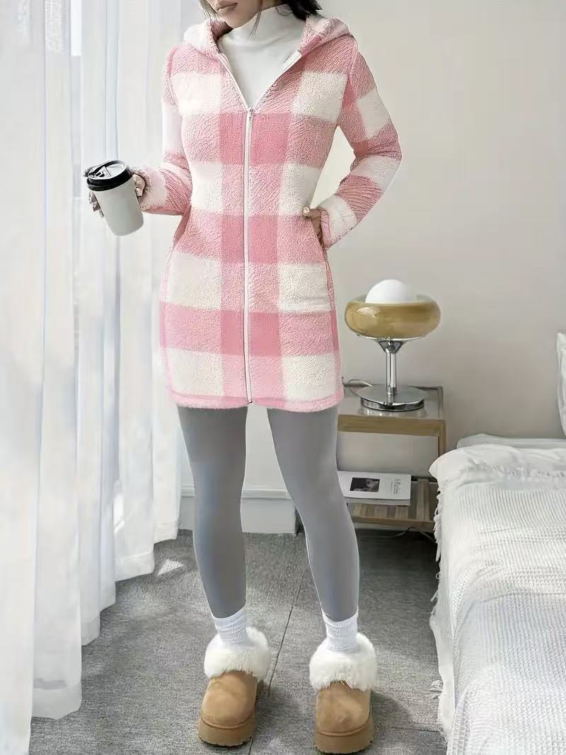 Women's Plaid Fleece Long Sleeve Hooded Coat, Casual Style, Moderate Fabric Thickness, All Seasons Wear, Comfortable Fit