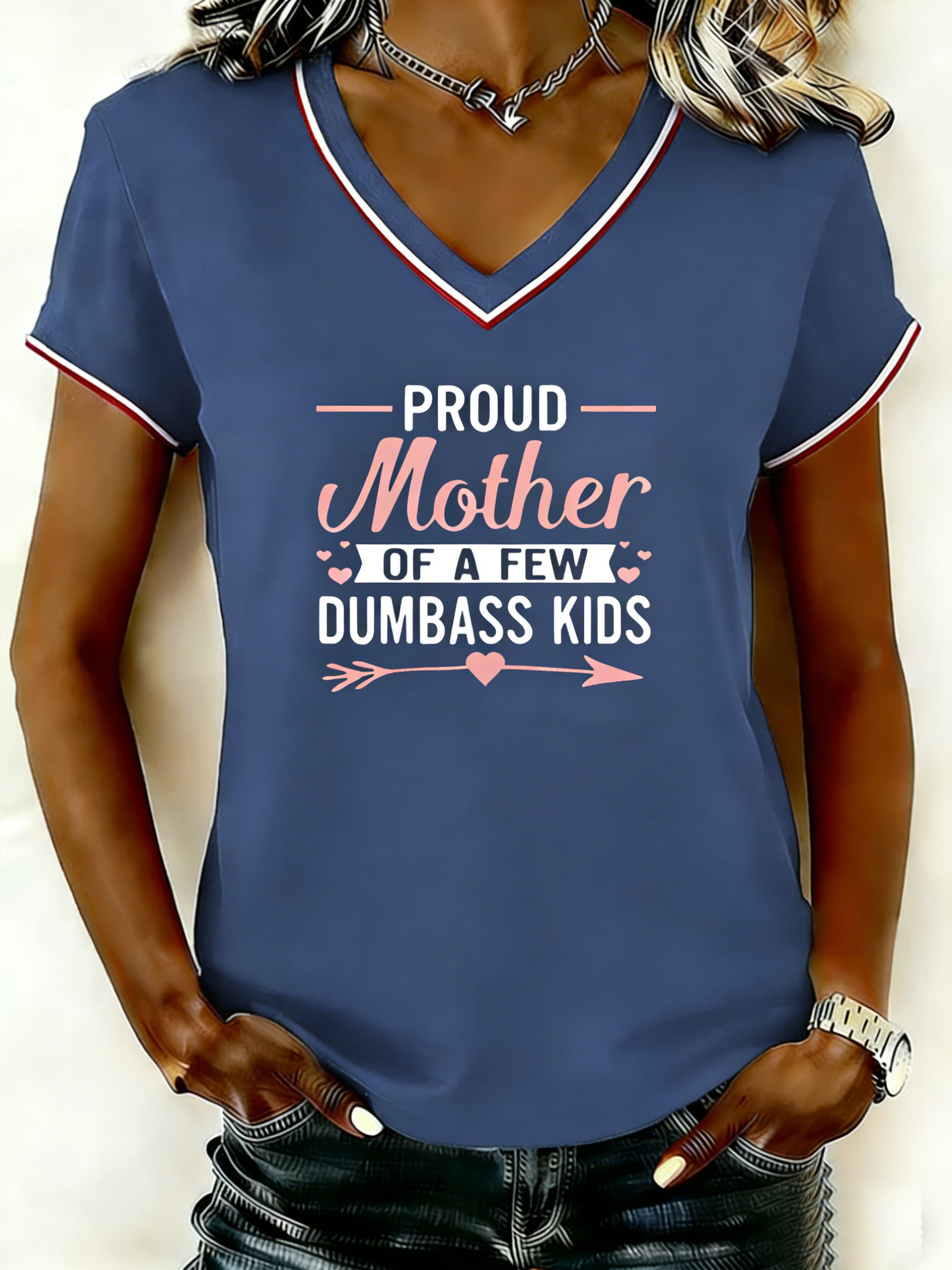 Mother's Day Letter Pattern Short Sleeve V Neck Loose  Casual T-Shirt