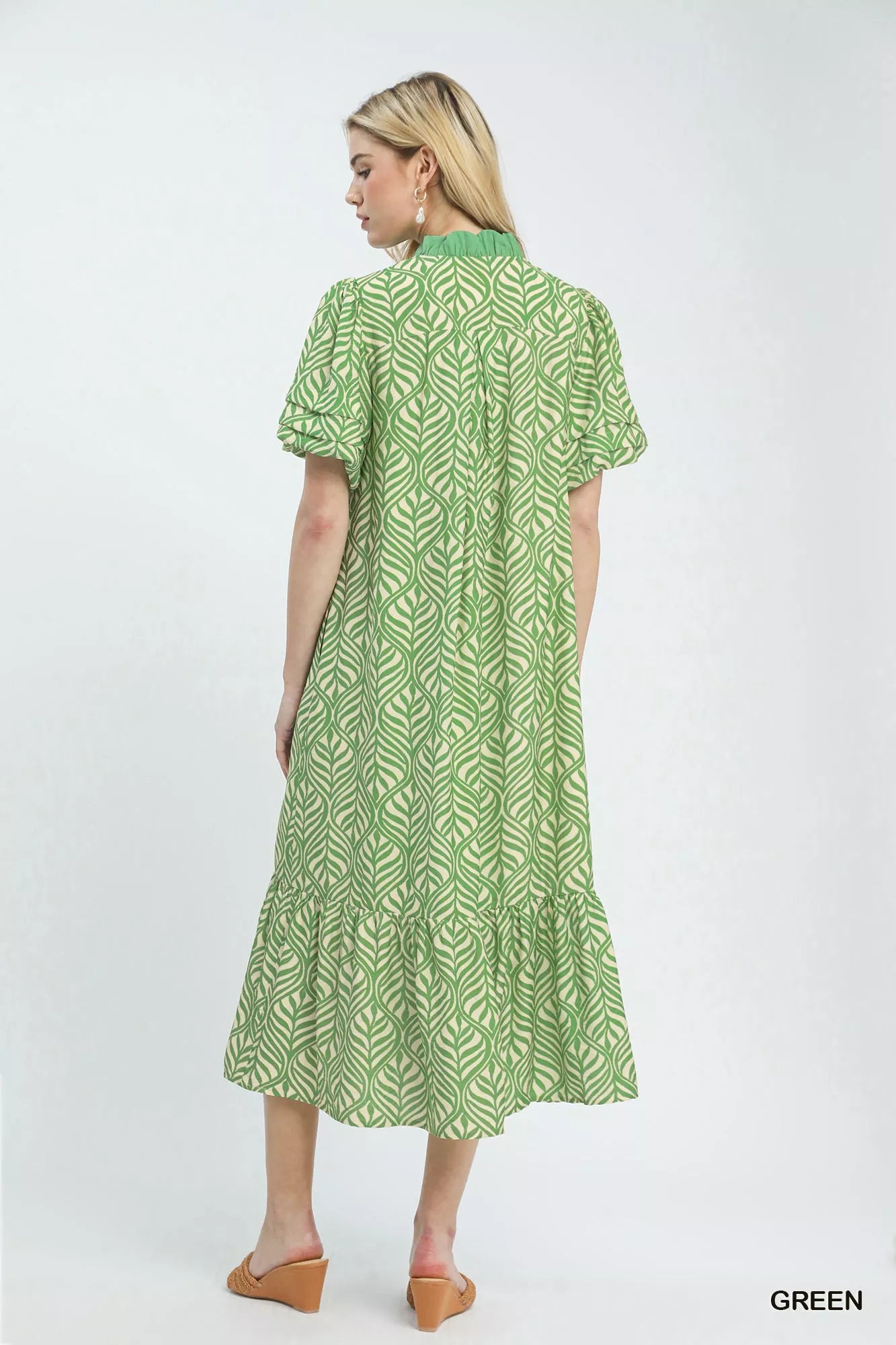 Umgee Leaf Print Ruffle Neck Midi Dress