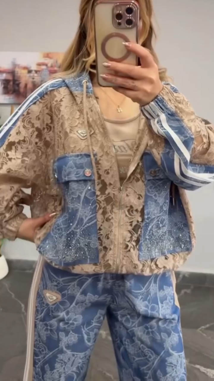 Women Hooded Rhinestone Splicing Casual Set