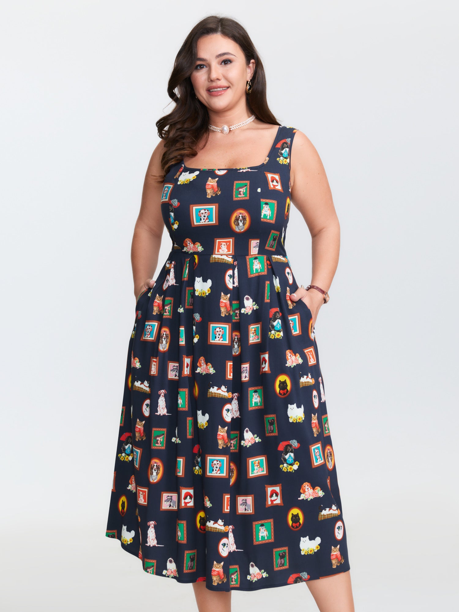 Pet Print Shirred Stretchy Back Midi Dress