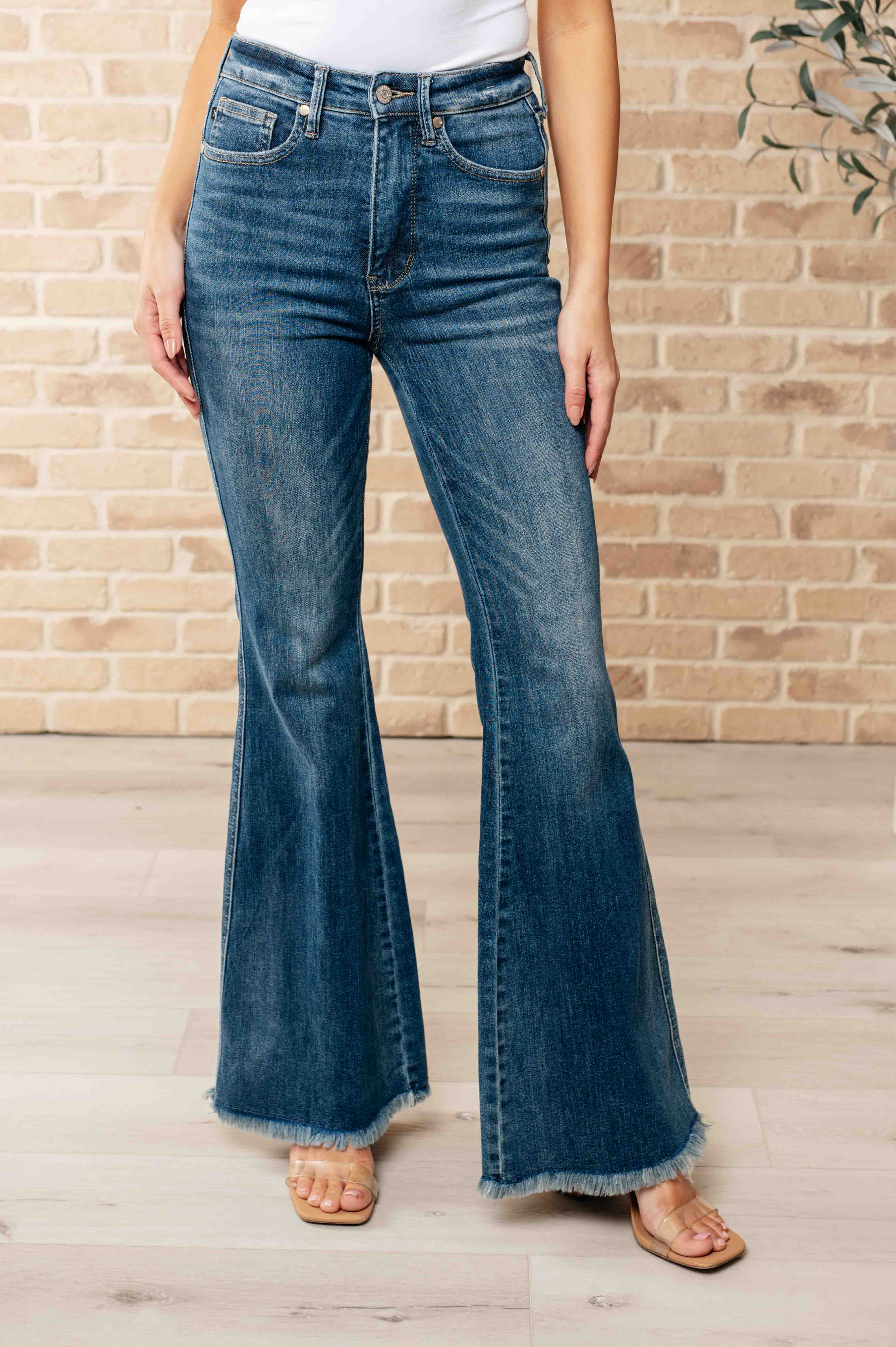 High Waist Control Top Frayed Hem Flare Jeans
