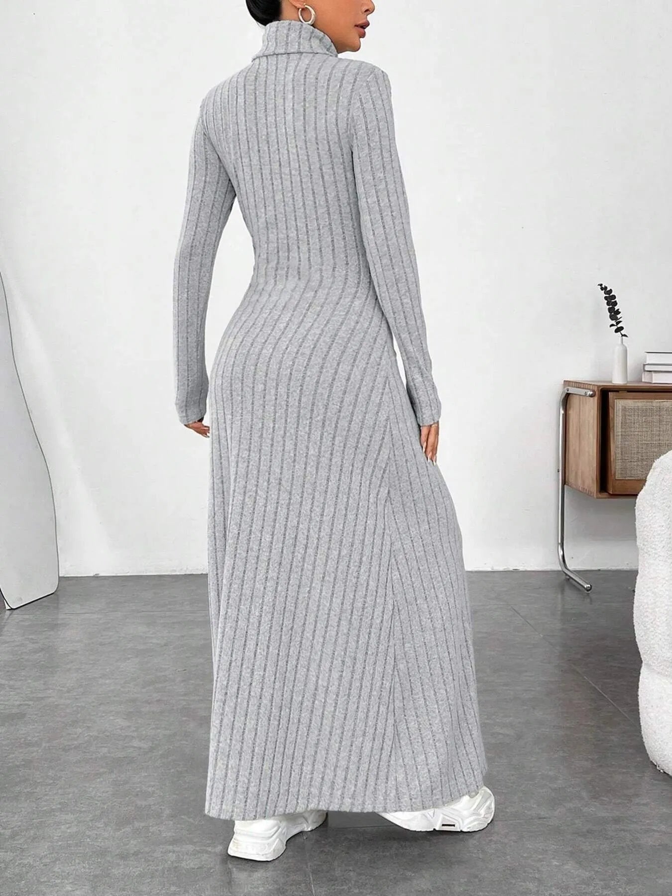 Ribbed Turtleneck Long Sleeve Maxi Knit Dress