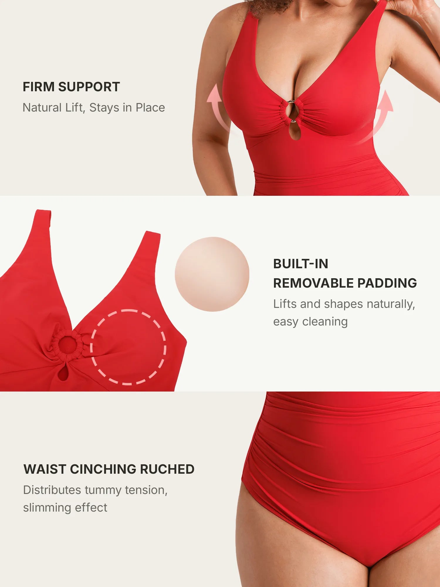 Feelingirl Deep V Metal Ring Ruched Sculpting Swimsuit