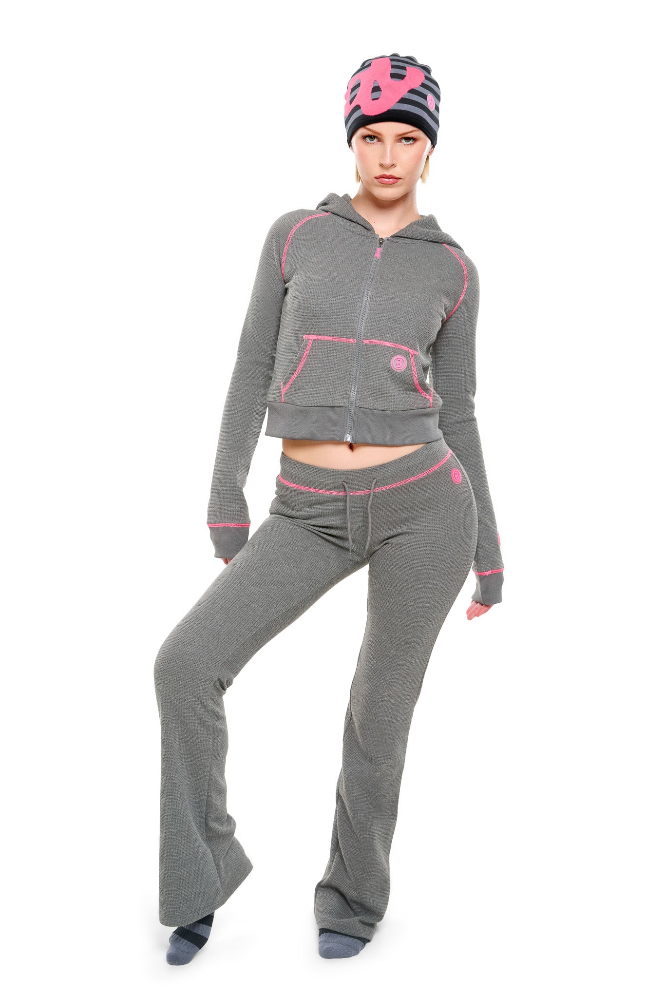 WAFFLE KNIT BOOT CUT PANTS (CHARCOAL/PINK)