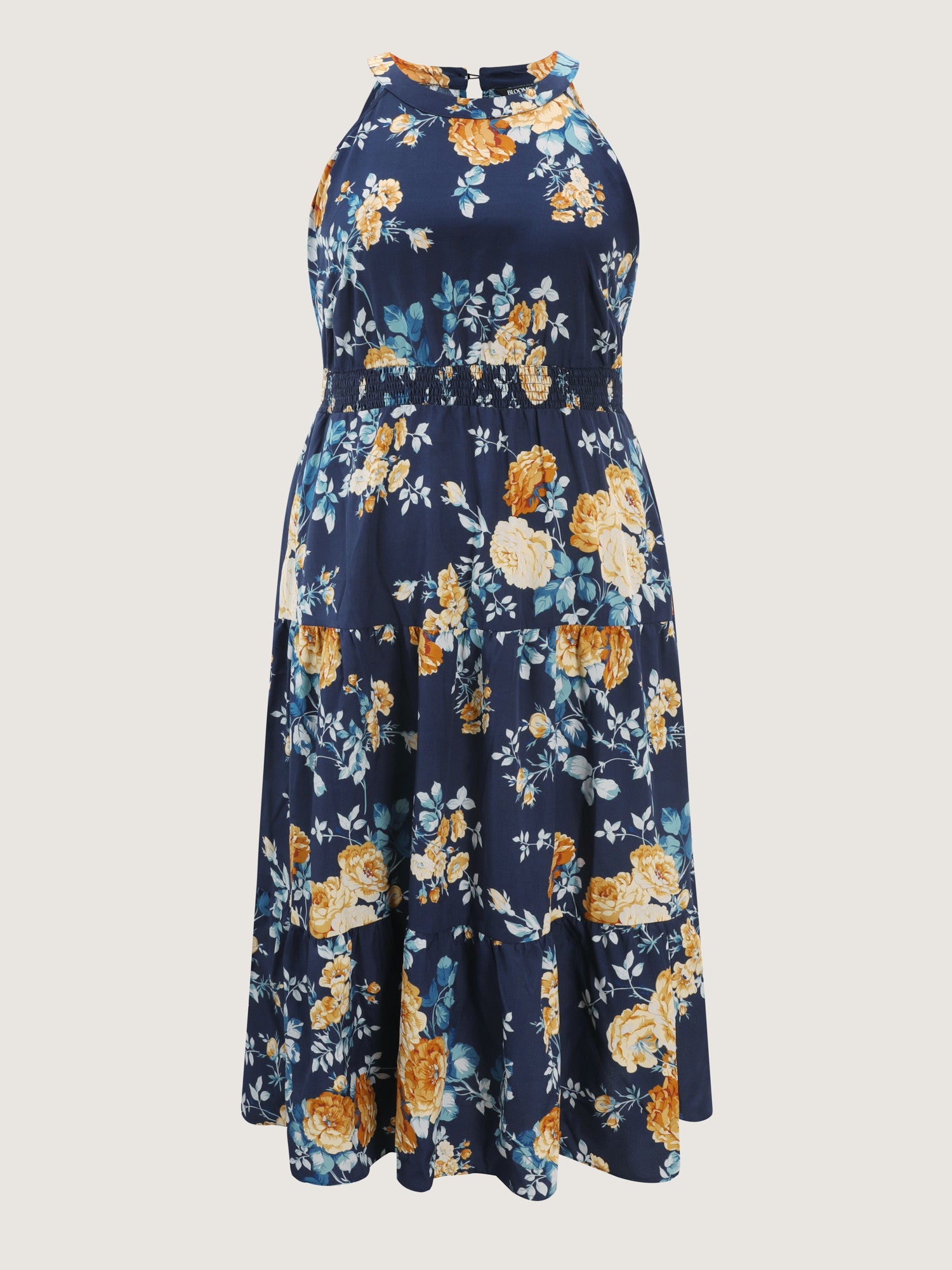Shirred Floral Print Halter Neckline Maxi Dress