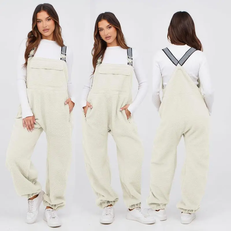 Women Fleece Overalls One-piece Bibs Jumpsuits