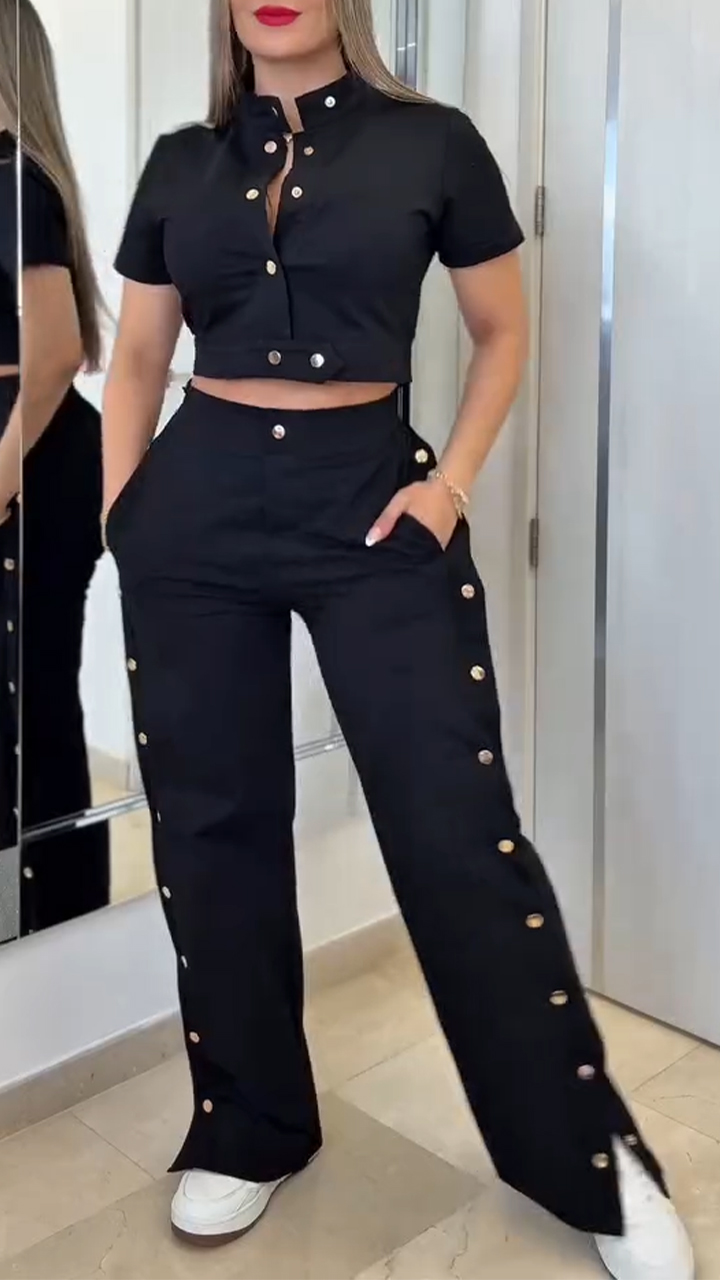 Women's Stand Collar Top + Side Button Trousers Casual Set