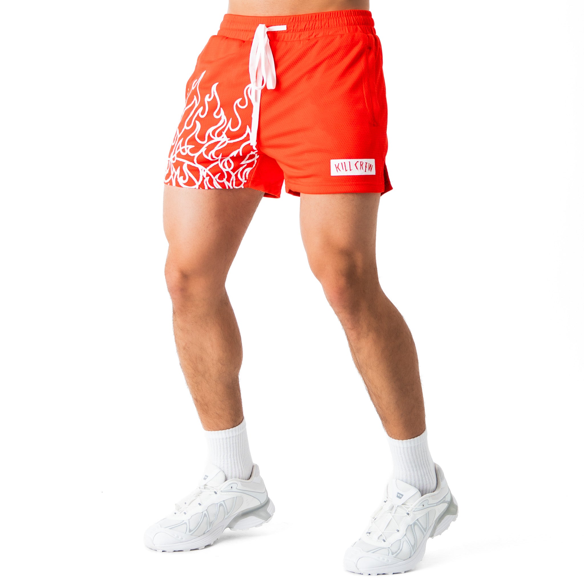 MUAY THAI FLAME SHORTS (MID THIGH CUT) - RED / WHITE