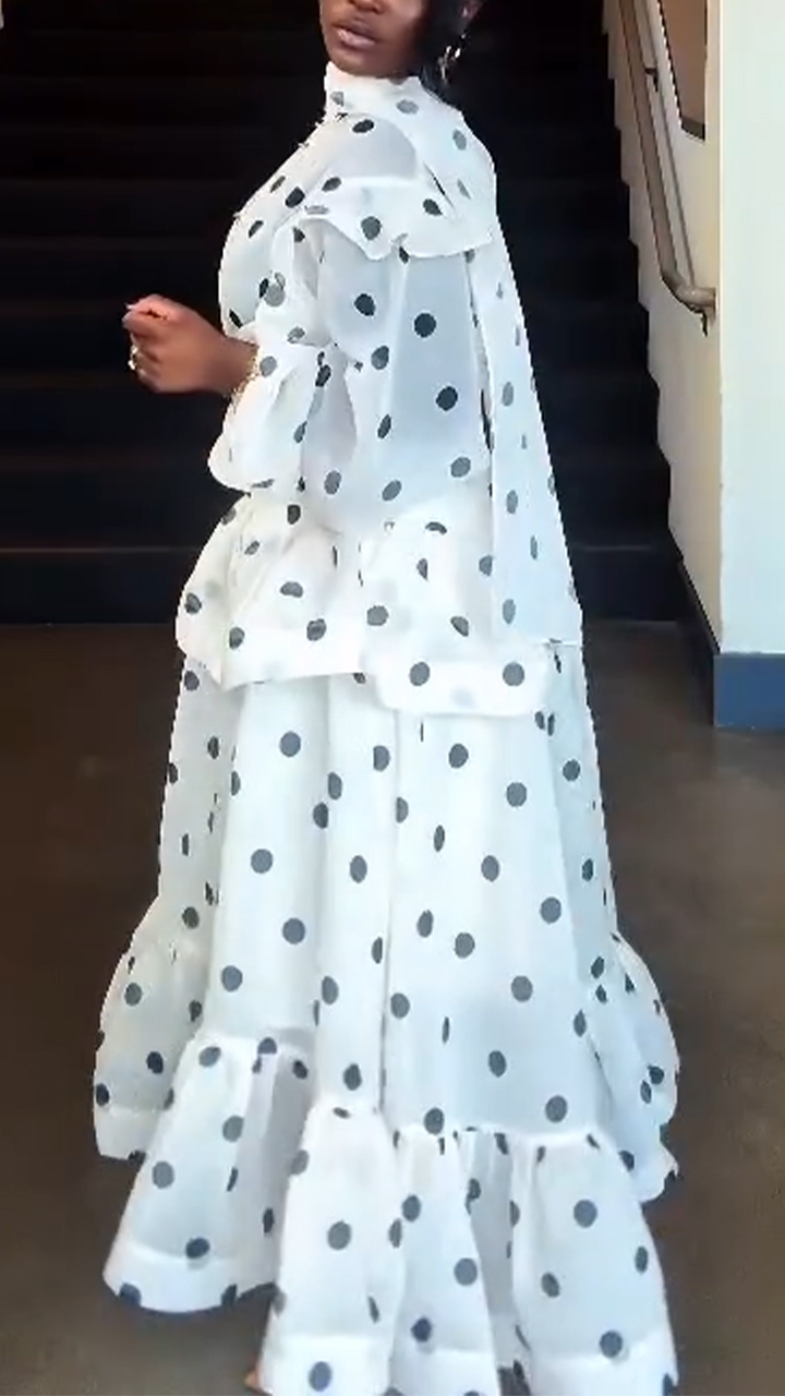 Women Round Neck Polka Dot Top+ Patchwork Skirt Casual Set with Temperament