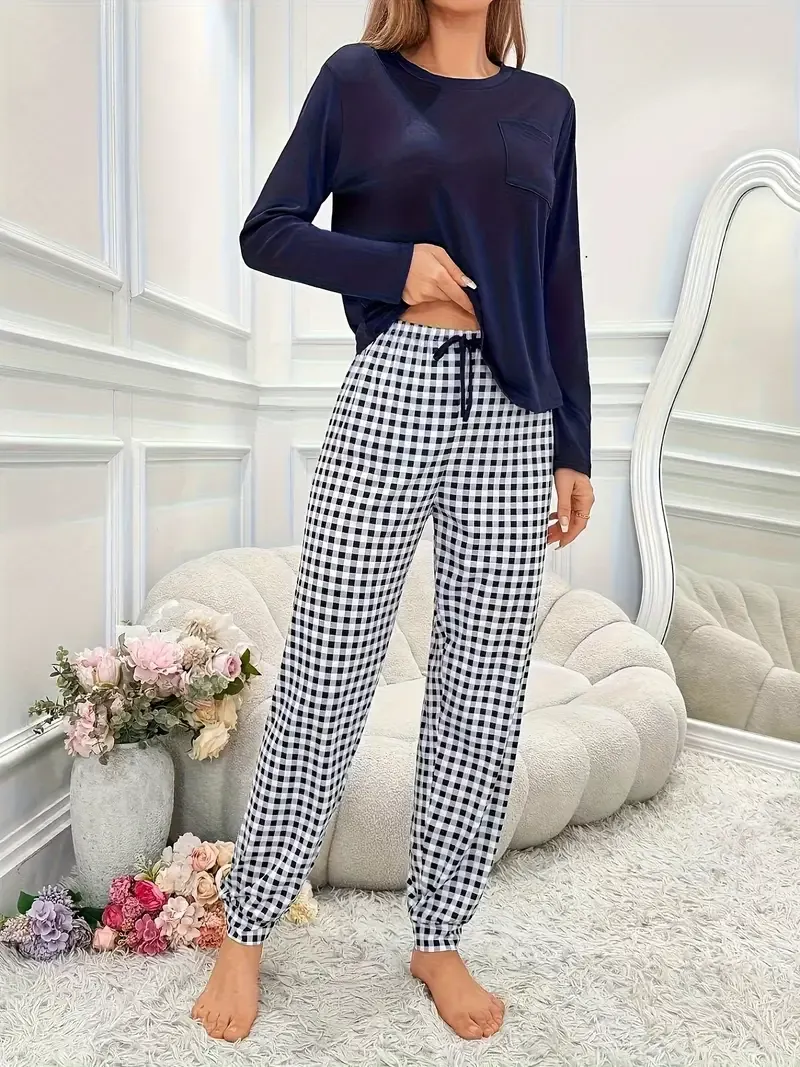 Cozy Women's Fall Lounge Set - Soft Solid Long Sleeve Round Neck Top, Plaid Jogger Pants, Comfortable Relaxed Fit, Perfect for Casual Daily Wear
