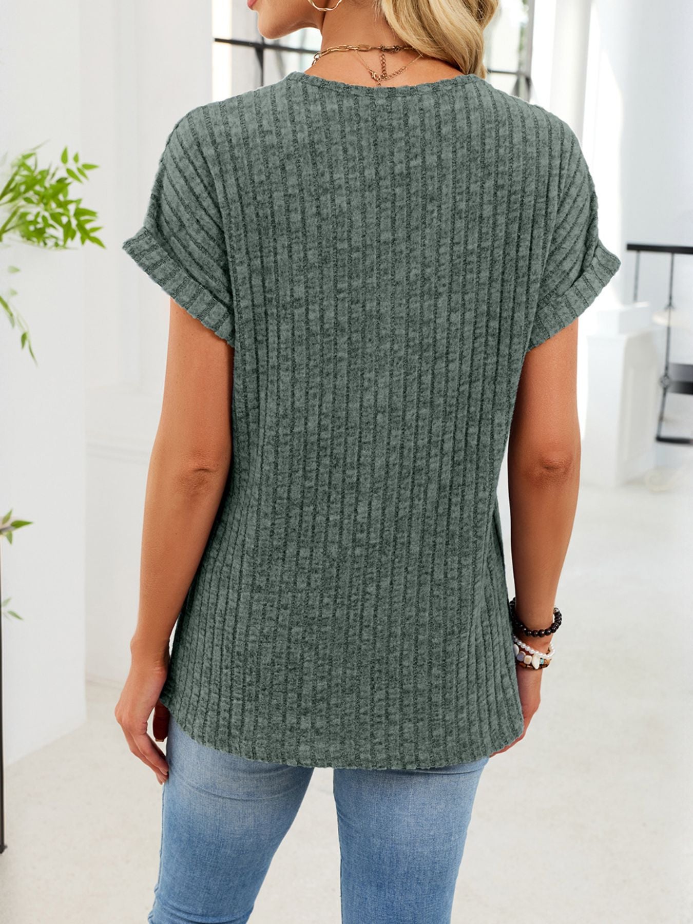 Ribbed Knit V-Neck T-Shirt