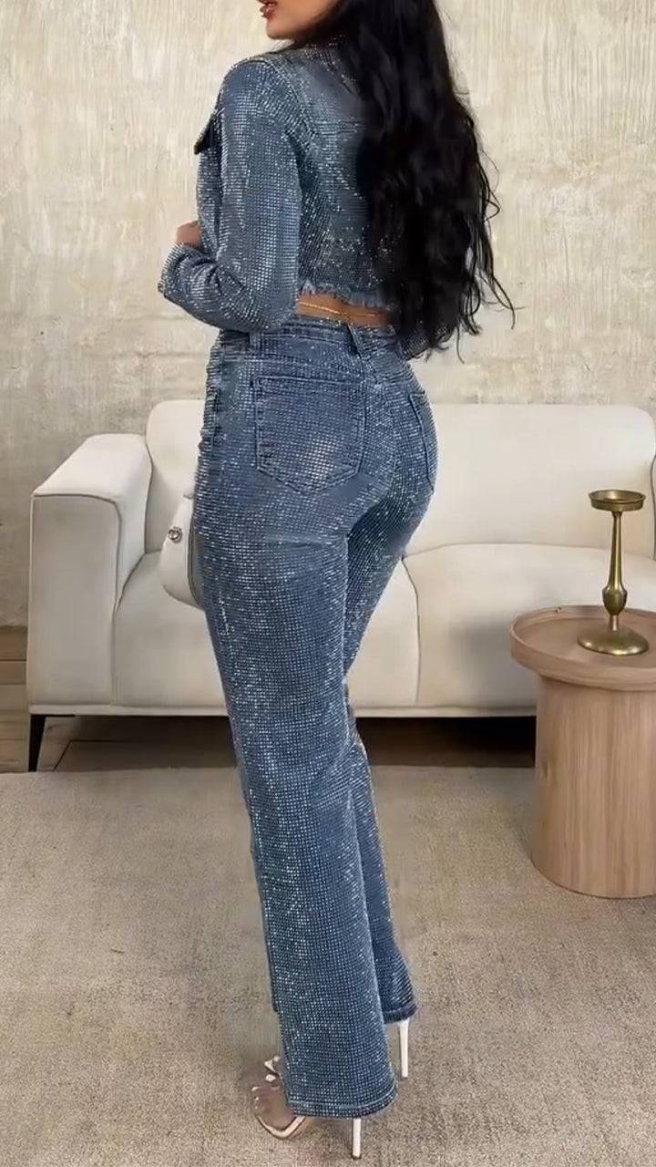 Ladies Collar Hot Pressed Diamond Cardigan+ Pants Casual Set