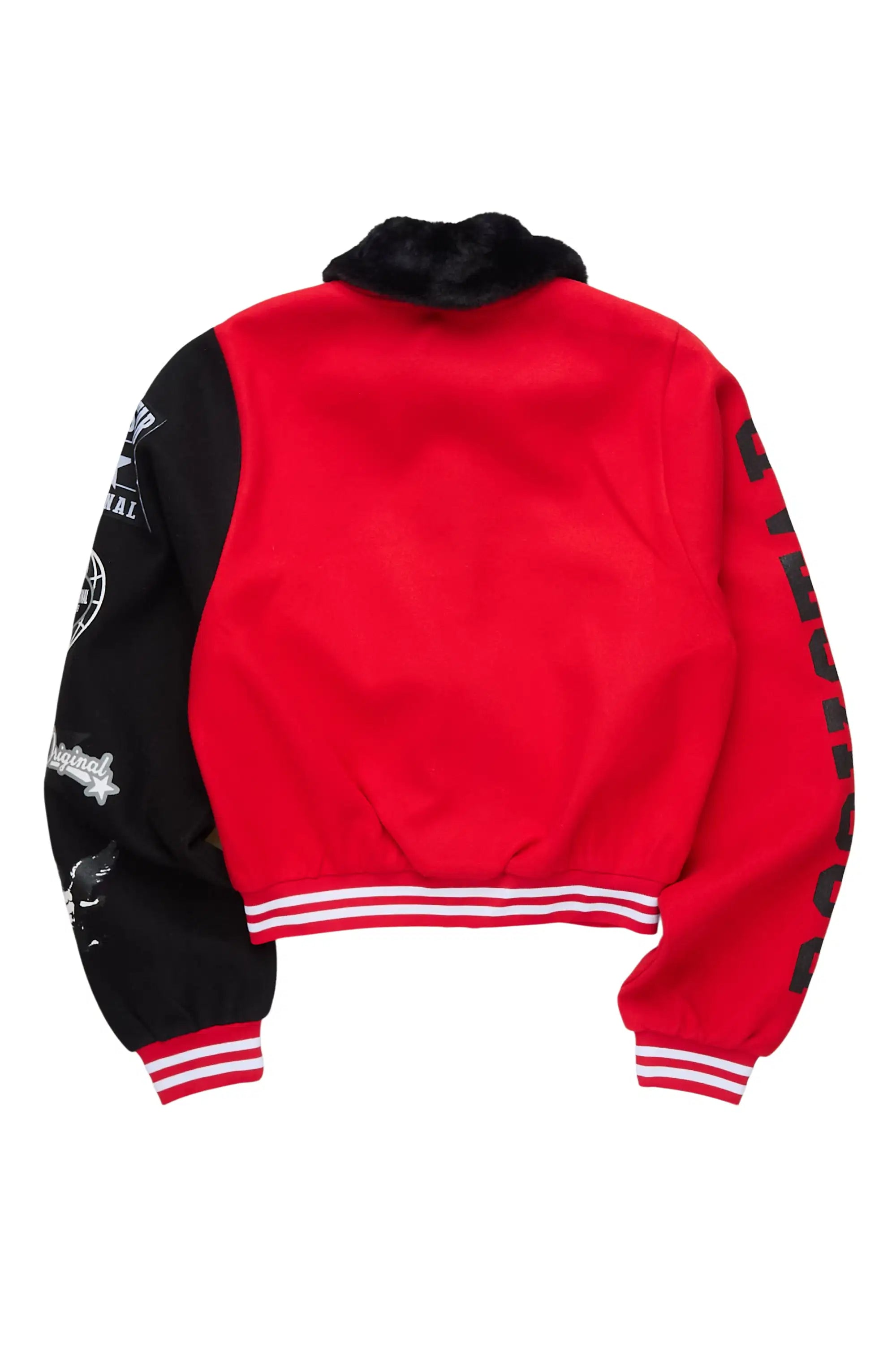 Kisha Black/Red/White Fur Collar Varsity Jacket