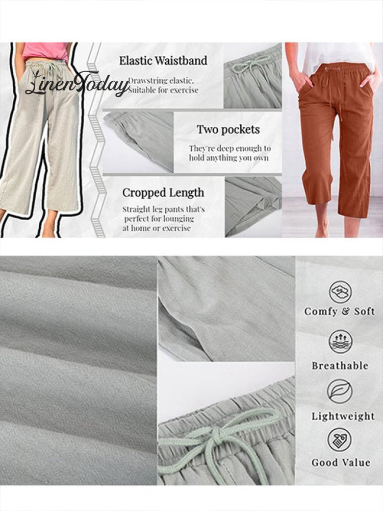 Women's Casual Summer Linen Pants High Waisted Loose Yoga Sweatpants Crop Pants with Pockets
