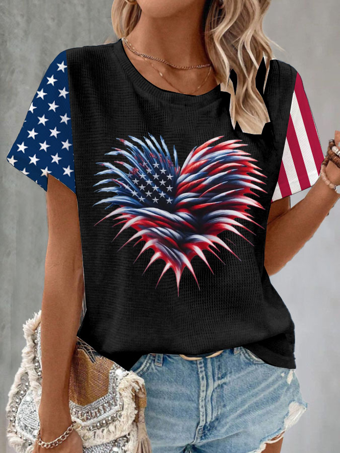 Women'S American Flag Heart Waffle T-Shirt