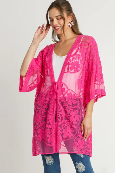 Elegant Floral Lace Open Front Kimono Sleevee Cover Up with Waist Tie