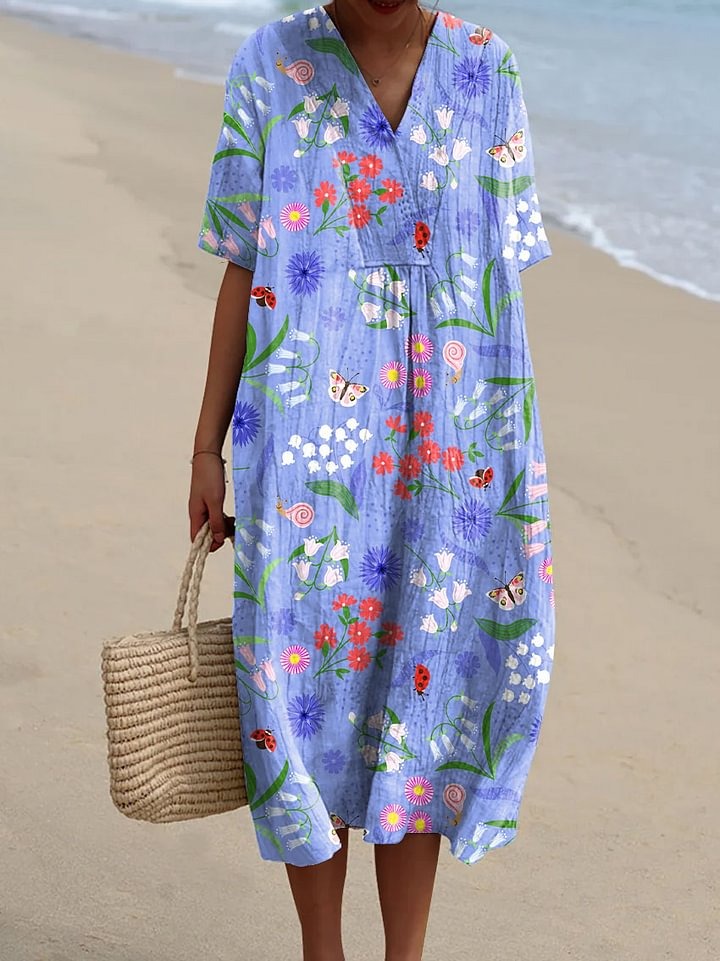 Women's Vintage Colorful Floral Pattern Art Print Casual Cotton And Linen 3/4 Sleeve Shirt