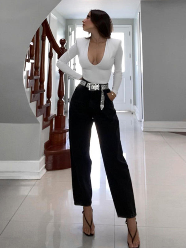 Deep V Long Sleeve One Piece