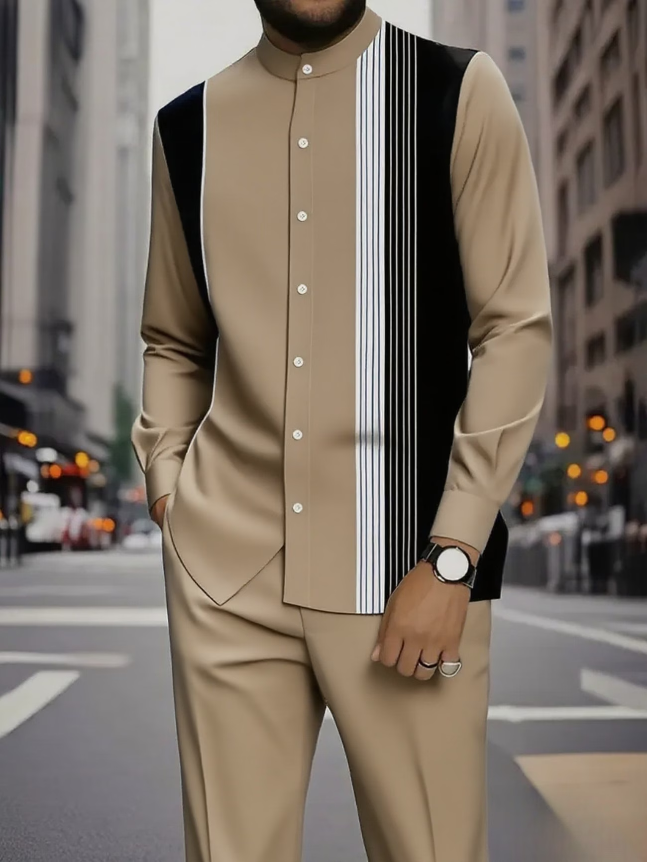 Men’s Black & White Stripe Button-Up Shirt and Drawstring Pants 2-Piece Set