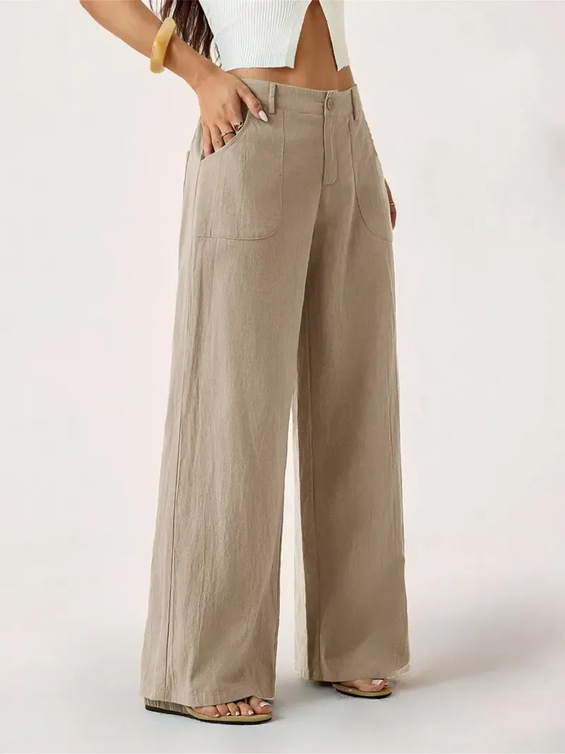 Women's Classic Linen Wide-Leg Pants — Flowy, Wide-Straight Beach Trousers for Summer (With Pockets)