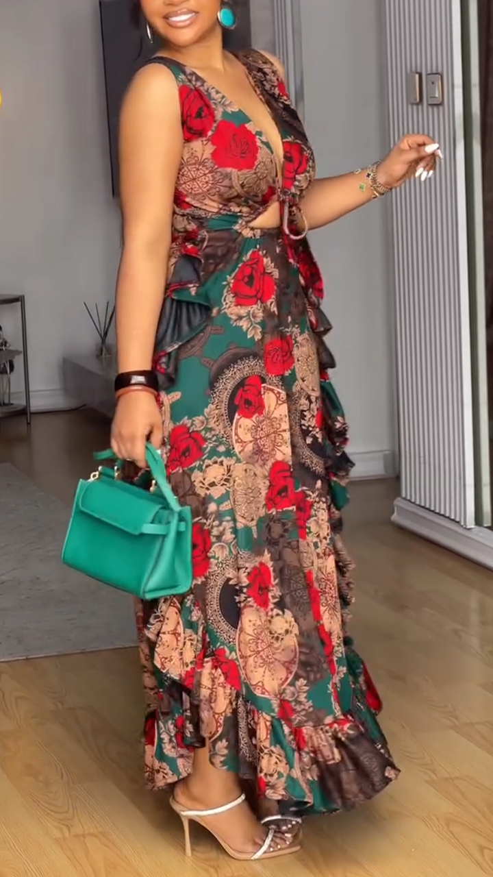 Ladies' V-neck Printed Hollow Irregular Temperament Elegant Dress