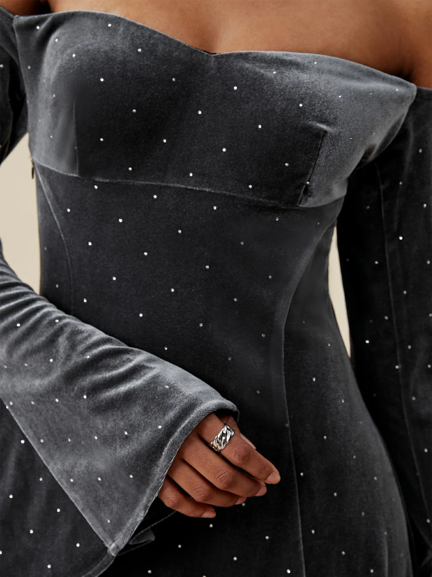Velvet Rhinestone Long Sleeve Off-Shoulder Dress