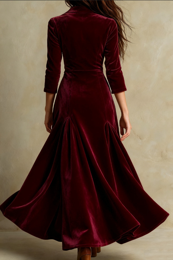 Brown Elegant Retro Suit Collar Velvet Long Dress