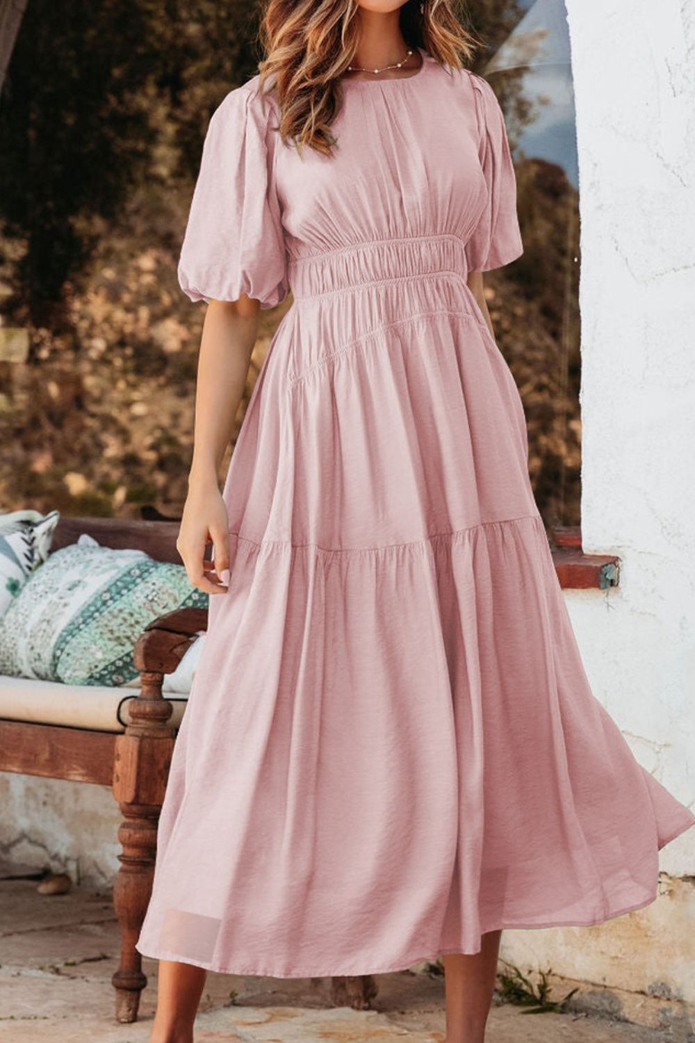 Puff Sleeve Pleated High Waist Flowy Midi Dress