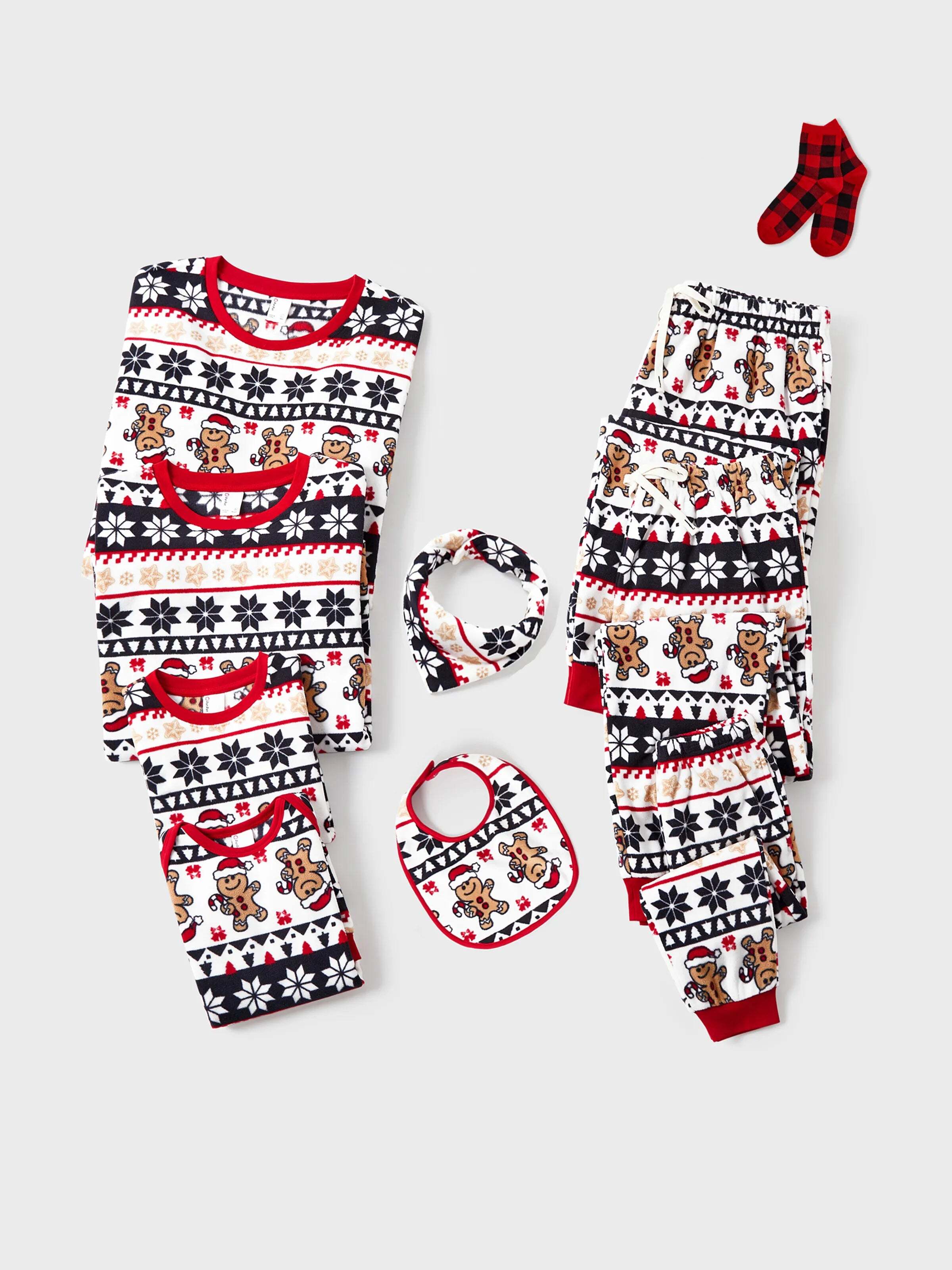 Christmas Matching Family Fleece Pajamas Set Gingerbread and Snowflake Print PJS with Christmas Socks Red
