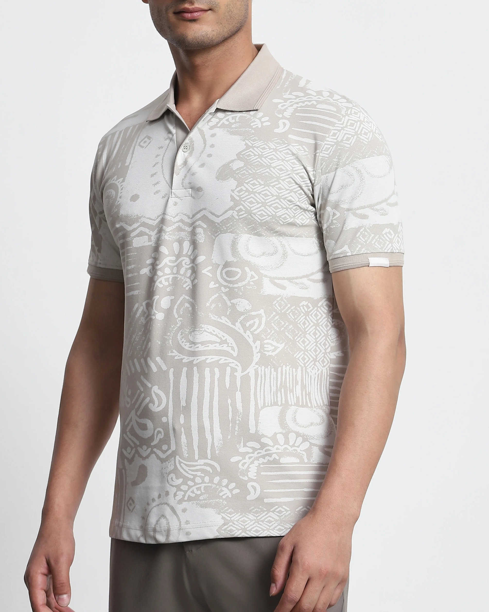 Daily Simple And Slimming Grey Abstract Print Polo Shirt