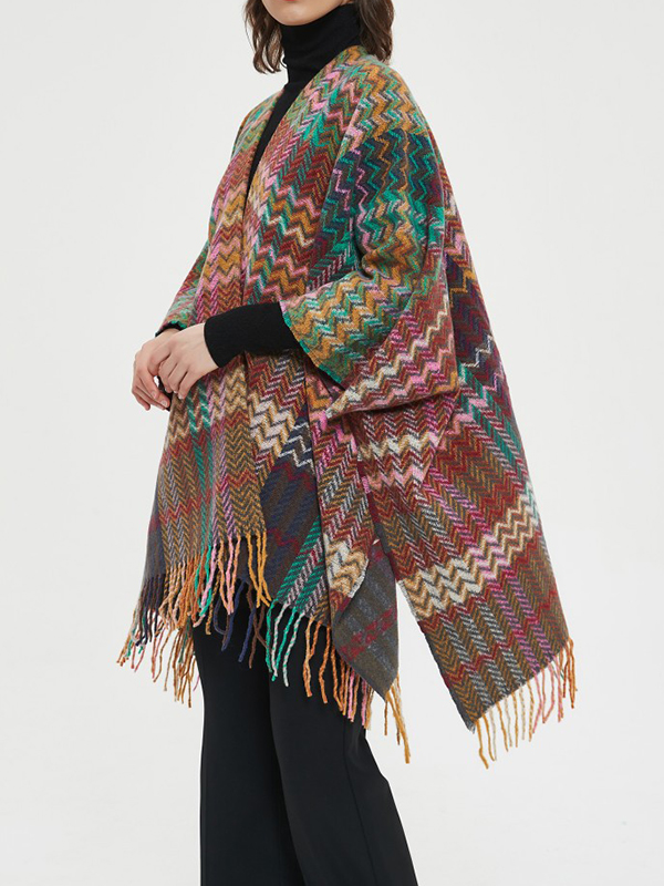 Keep Warm Split-Side Tasseled High-Low Long Sleeves Shawl&Scarf
